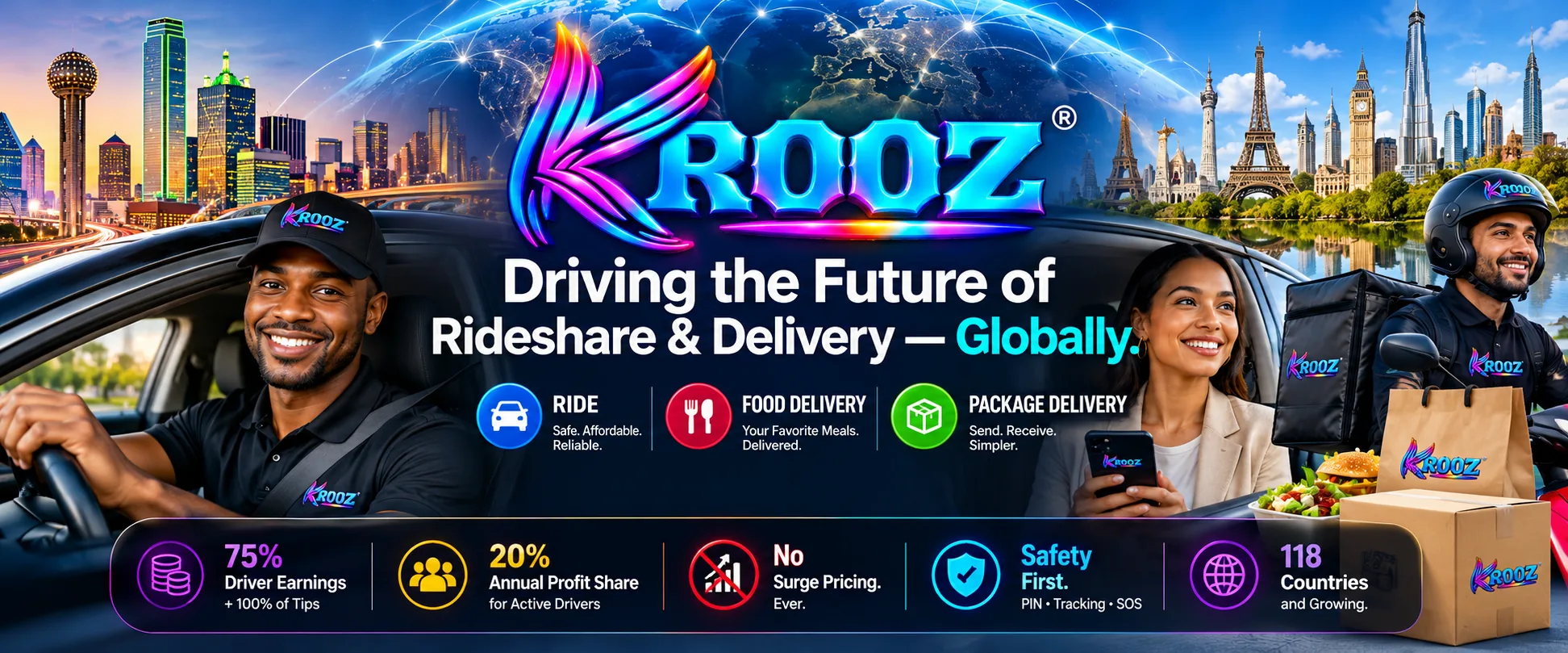 KROOZ: Driving the future of rideshare and delivery, globally. Ride, food delivery and package delivery. 75% driver earnings plus 100% of tips, 20% annual profit share for active drivers, no surge pricing, safety first, 118 countries and growing.